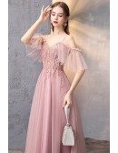 Rose Pink Aline Long Prom Dress With Straps Tulle Sleeves