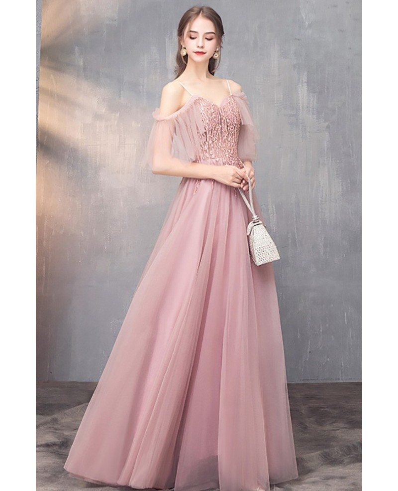 Rose Pink Aline Long Prom Dress With Straps Tulle Sleeves #DM69042 ...