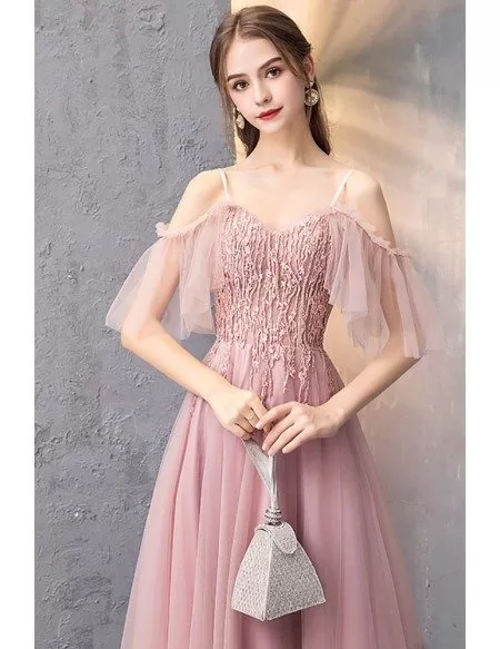Rose Pink Aline Long Prom Dress With Straps Tulle Sleeves