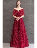 Full Lace Long Burgundy Formal Dress With Illusion Cape Sleeves