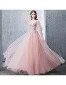 Fairy Pink Puffy Sleeves Aline Prom Dress Long With Appliques