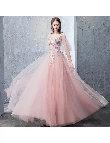 Fairy Pink Puffy Sleeves Aline Prom Dress Long With Appliques #DM69081 ...