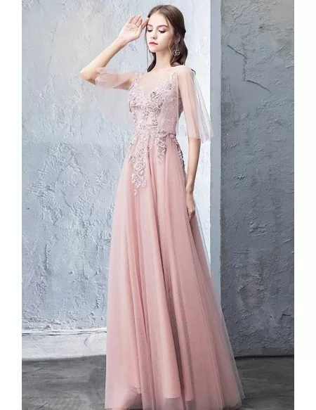 Fairy Pink Puffy Sleeves Aline Prom Dress Long With Appliques