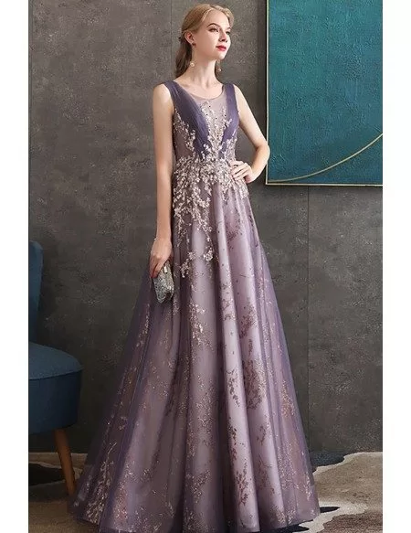 Luxury Purple Aline Formal Long Party Dress With Sparkly Embroidery