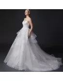 Dreamy Ball-Gown V-neck Court Train Tulle Wedding Dress With Appliques Lace
