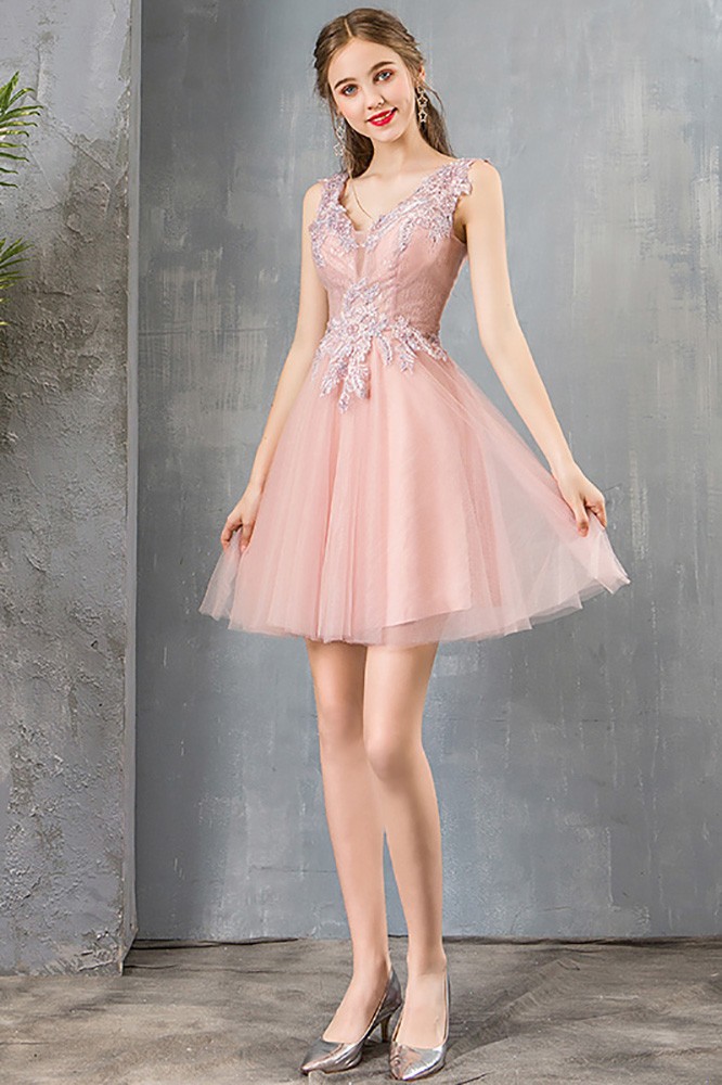 Cute Short Pink Tulle Party Prom Dress With Beaded Appliques #DM69048 ...