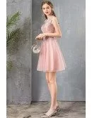 Cute Short Pink Tulle Party Prom Dress With Beaded Appliques