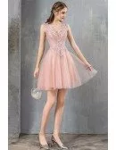 Cute Short Pink Tulle Party Prom Dress With Beaded Appliques