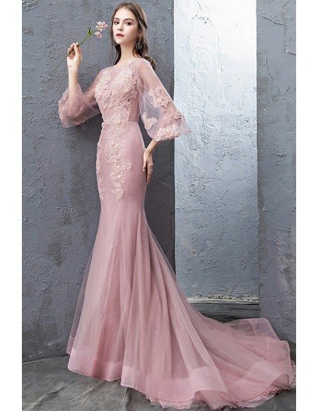 Stunning Mermaid Pink Tulle Lace Formal Dress With Tulle Sleeves Flare