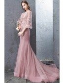 Stunning Mermaid Pink Tulle Lace Formal Dress With Tulle Sleeves Flare