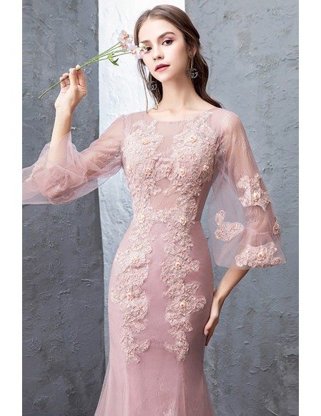 Stunning Mermaid Pink Tulle Lace Formal Dress With Tulle Sleeves Flare ...