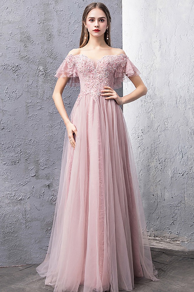 Gorgeous Off Shoulder Long Tulle Pink Prom Dress With Beading #DM69066 ...