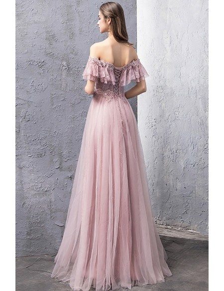 Gorgeous Off Shoulder Long Tulle Pink Prom Dress With Beading