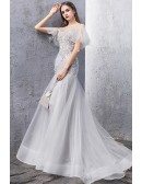 Fitted Mermaid Stunning Grey Long Prom Dress With Illusion Sleeves