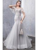 Fitted Mermaid Stunning Grey Long Prom Dress With Illusion Sleeves