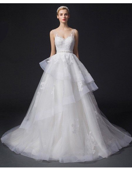 Dreamy Ball-Gown V-neck Court Train Tulle Wedding Dress With Appliques Lace