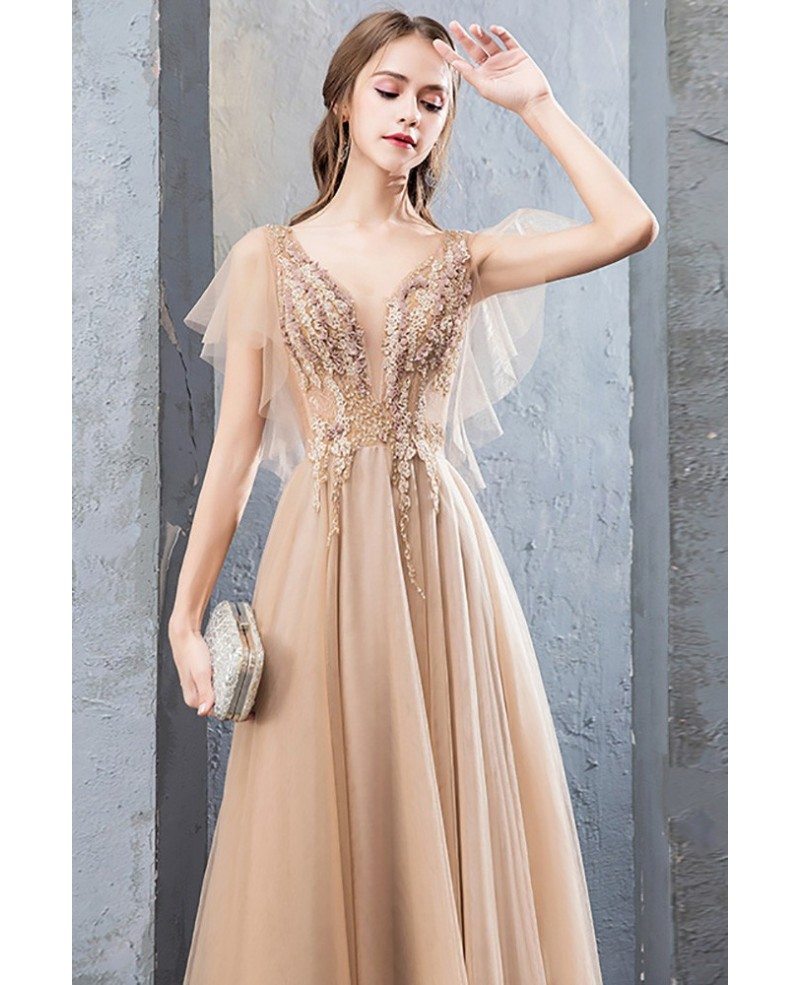 Gorgeous Champagne Long Aline Prom Dress With Tulle Puffy Sleeves