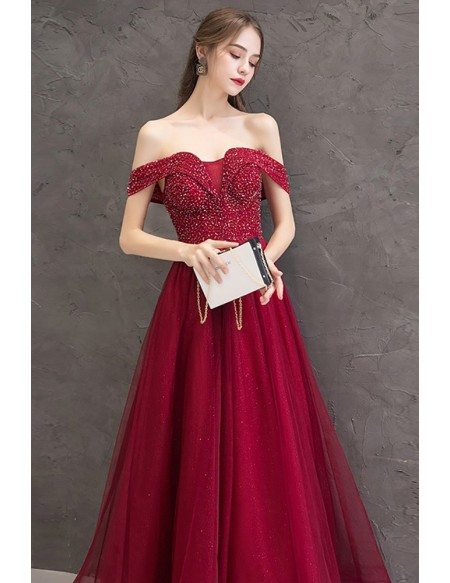 Sequined Top Off Shoulder Long Party Prom Dress With Bling