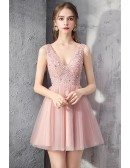 Rose Pink Tulle Short Prom Dress Vneck With Bling Sequins