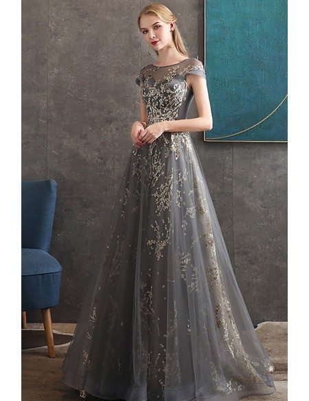 Sparkly Sequins Long Grey Formal Prom Dress With Sheer Cap Sleeves