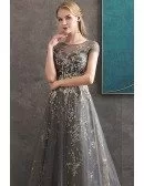 Sparkly Sequins Long Grey Formal Prom Dress With Sheer Cap Sleeves