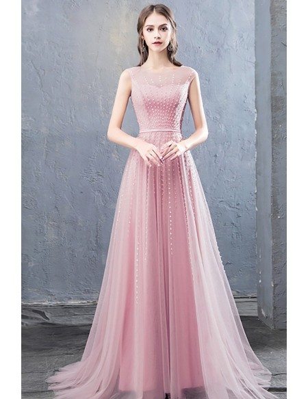 Pink Tulle Sequined Flowy Prom Dress With Illusion Neckline #DM69095 ...