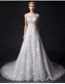 Feminine A-Line Scoop Neck Court Train Tulle Wedding Dress With Appliques Lace