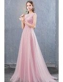 Pink Tulle Sequined Flowy Prom Dress With Illusion Neckline