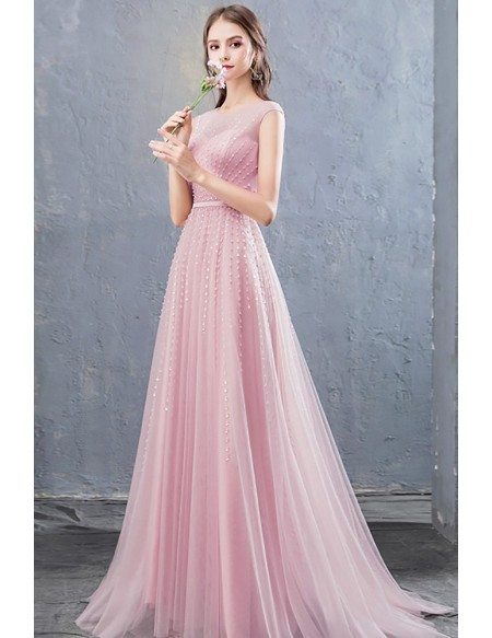 Pink Tulle Sequined Flowy Prom Dress With Illusion Neckline