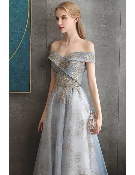 Off Shoulder Lace Flowers Dusty Blue Prom Dress With Embroidery