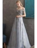 Off Shoulder Lace Flowers Dusty Blue Prom Dress With Embroidery