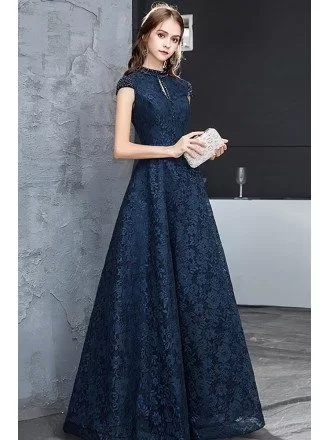 Navy Blue Beaded Cap Sleeves Full Lace Long Party Dress For Formal