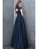 Navy Blue Beaded Cap Sleeves Full Lace Long Party Dress For Formal