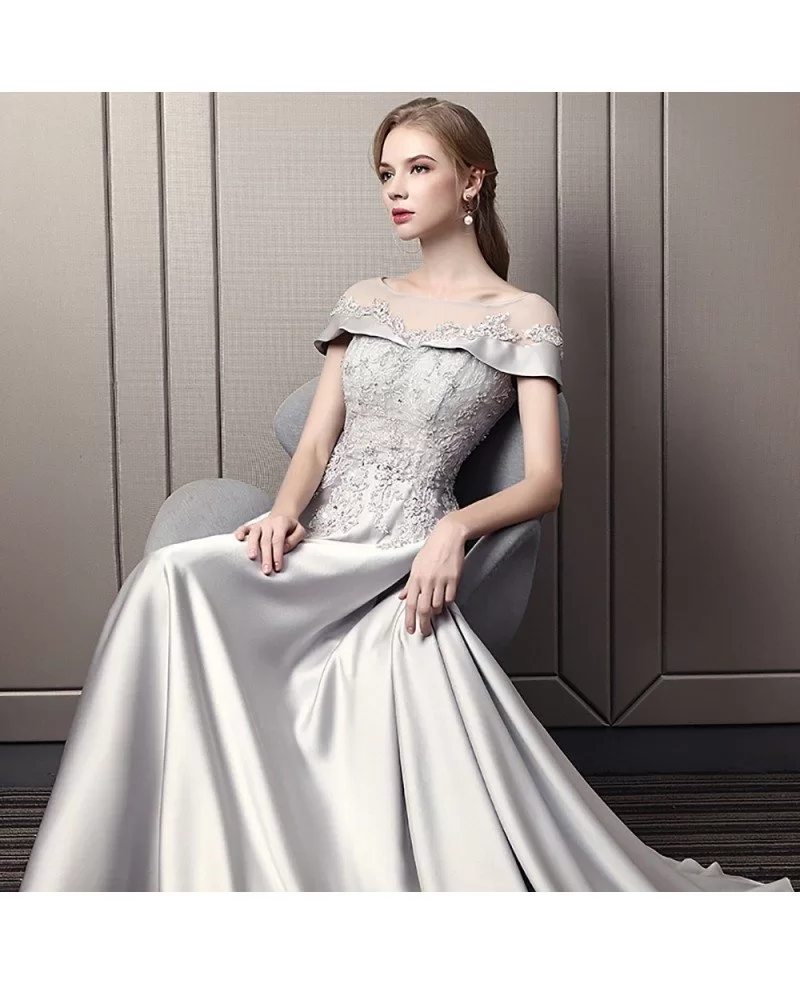 Elegant Grey Long Evening Dress With Beaded Lace Illusion Neckline