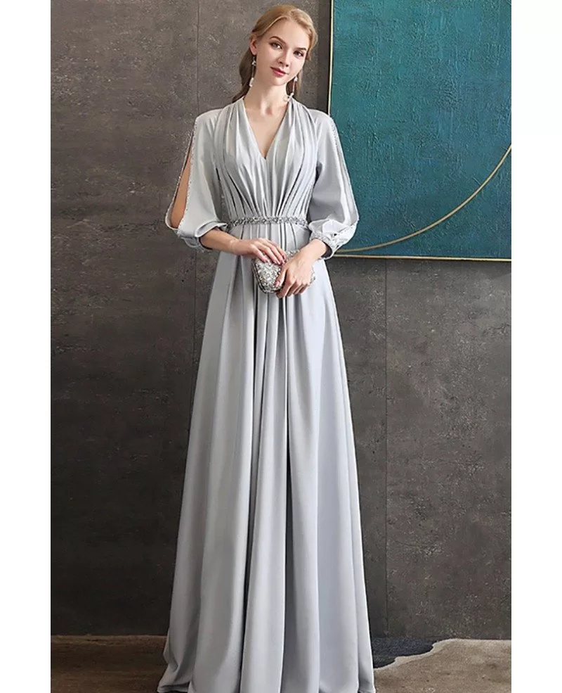 Elegant Long Grey Evening Formal Dress Vneck With Long Sleeves #DM69018 ...