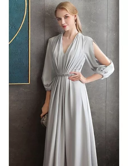 Elegant Long Grey Evening Formal Dress Vneck With Long Sleeves