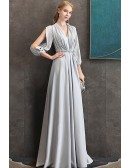 Elegant Long Grey Evening Formal Dress Vneck With Long Sleeves