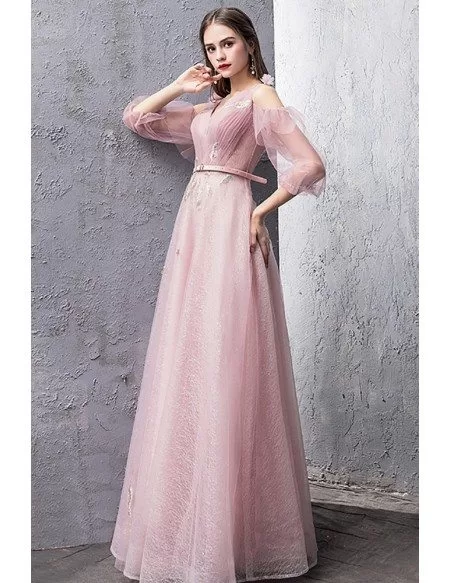 Fairy Pink Tulle Cold Shoulder Long Prom Dress With Tulle Sleeves # ...