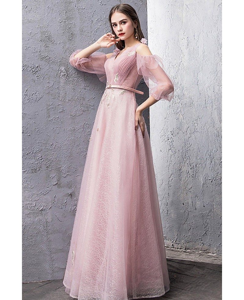 Fairy Pink Tulle Cold Shoulder Long Prom Dress With Tulle Sleeves # ...