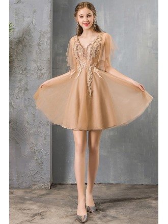 Champagne Short Lace Aline Party Dress Pretty With Puffy Sleeves
