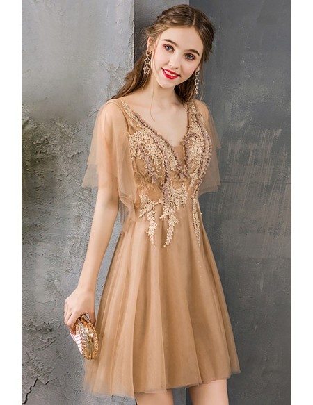 Champagne Short Lace Aline Party Dress Pretty With Puffy Sleeves