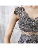 Exotic Beaded Pleated Purple Long Prom Dress Vneck With Train