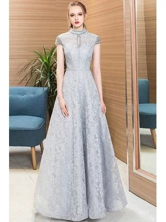 Beaded Cap Sleeves Full Lace Long Party Dress Grey For Formal