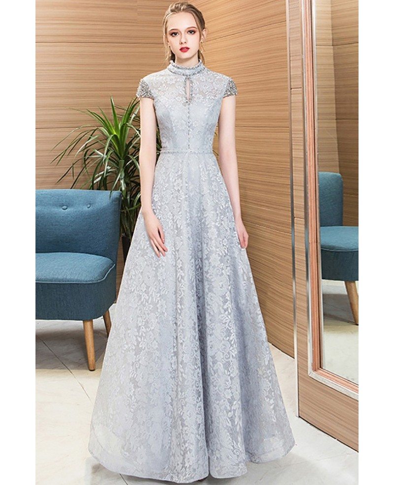 Beaded Cap Sleeves Full Lace Long Party Dress Grey For Formal #DM69104 ...