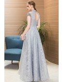 Beaded Cap Sleeves Full Lace Long Party Dress Grey For Formal