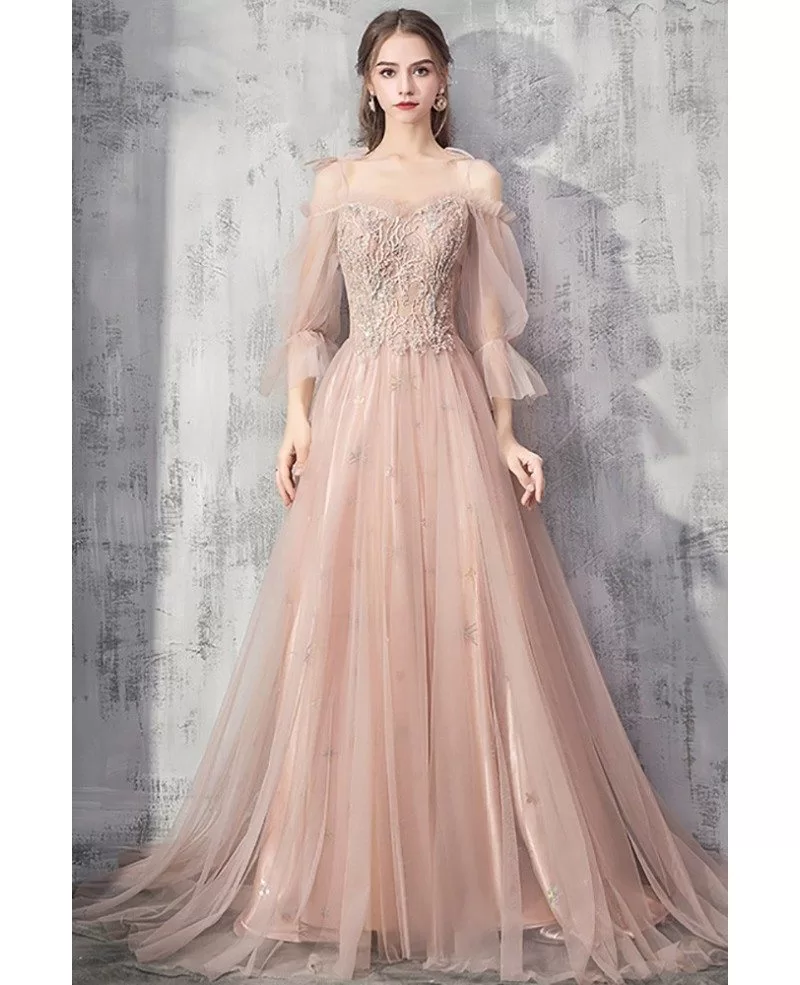 Beautiful Long Pink Beaded Prom Dress With Tulle Bubble 