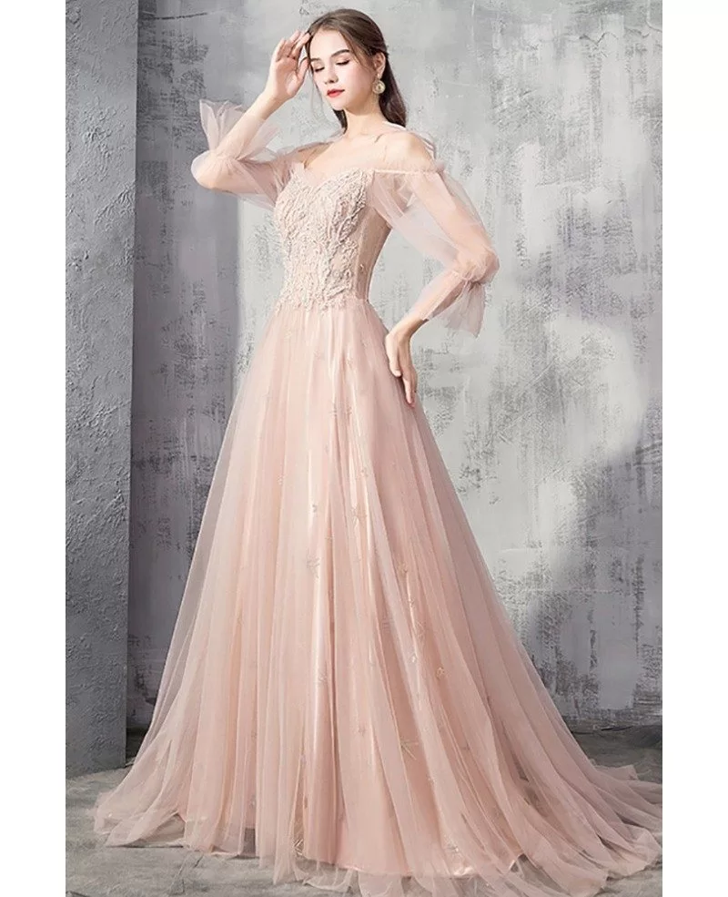 Beautiful Long Pink Beaded Prom Dress With Tulle Bubble 