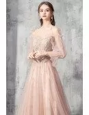 Beautiful Long Pink Beaded Prom Dress With Tulle Bubble Sleeves