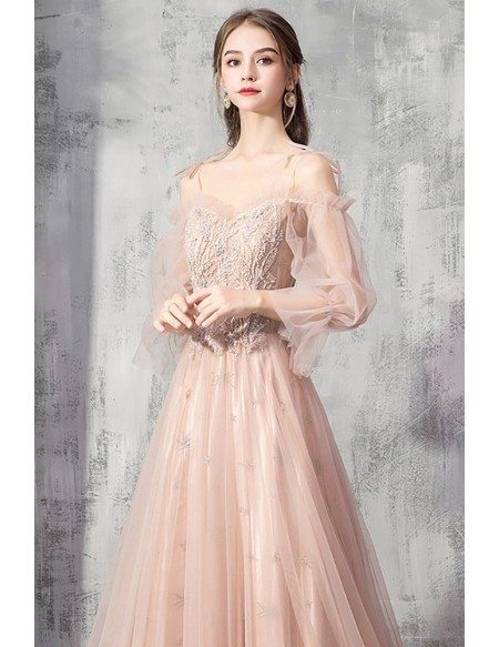 Beautiful Long Pink Beaded Prom Dress With Tulle Bubble Sleeves # ...