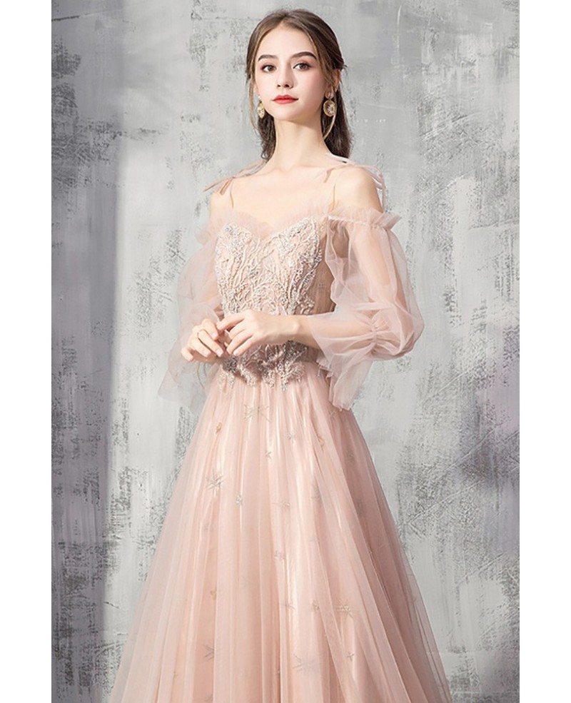 Luxe Champagne Gold Long Sleeve Prom Dress Tulle With 